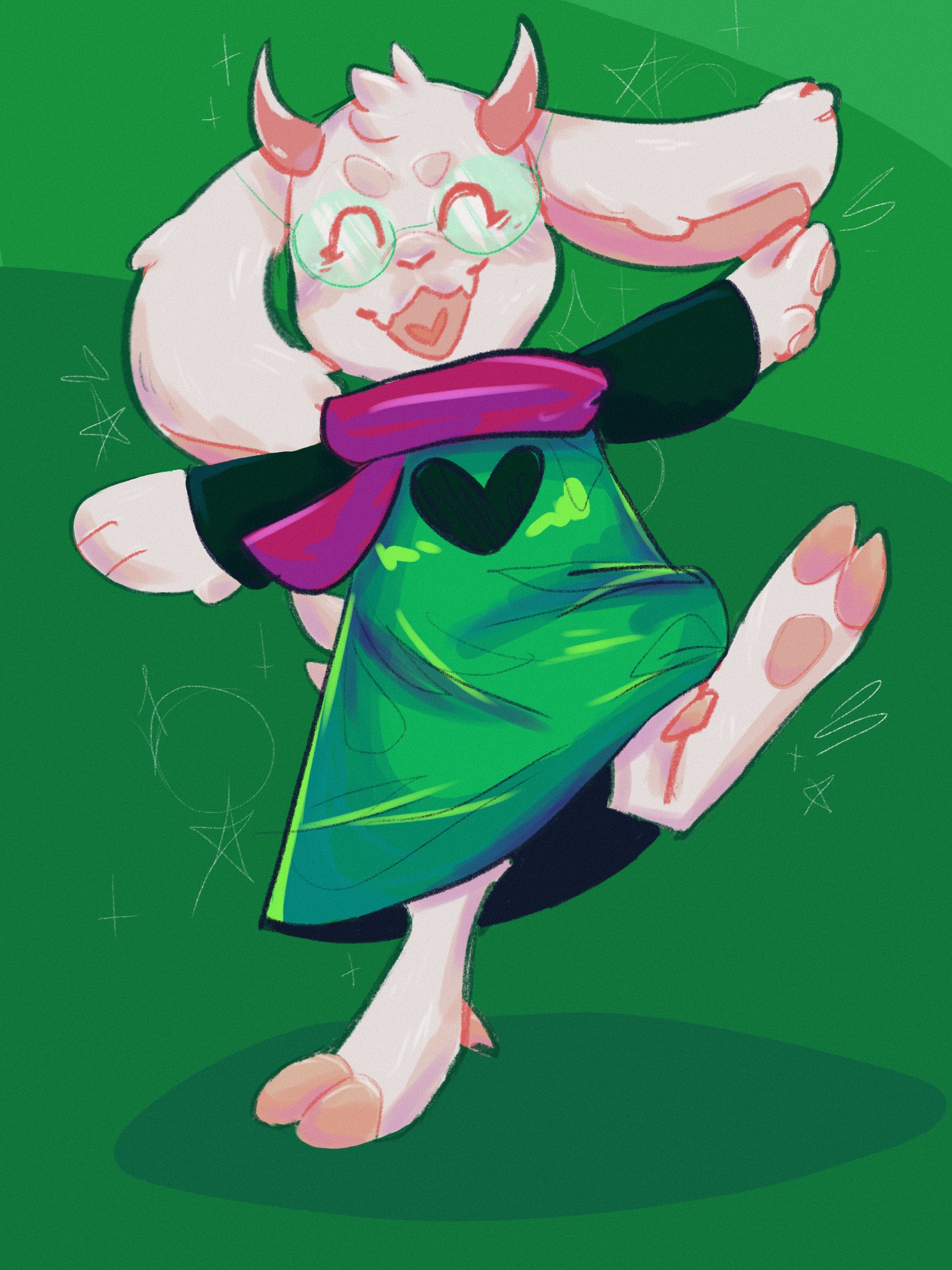 Ralsei from Deltarune. He is a young goat boy with pink horns and hooves, and is wearing a magenta scarf and green robe. He is stood on one hoof with his arms out and a bright smile