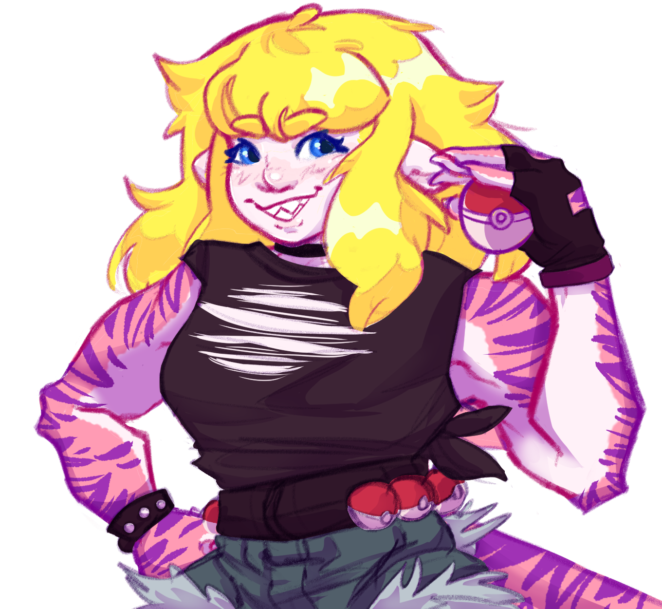 Woman with bright yellow hair, blue eyes, shark teeth, pink and purple skin with tiger stripes and a shrk tail. She is holding a pokeball with one hand on her hip