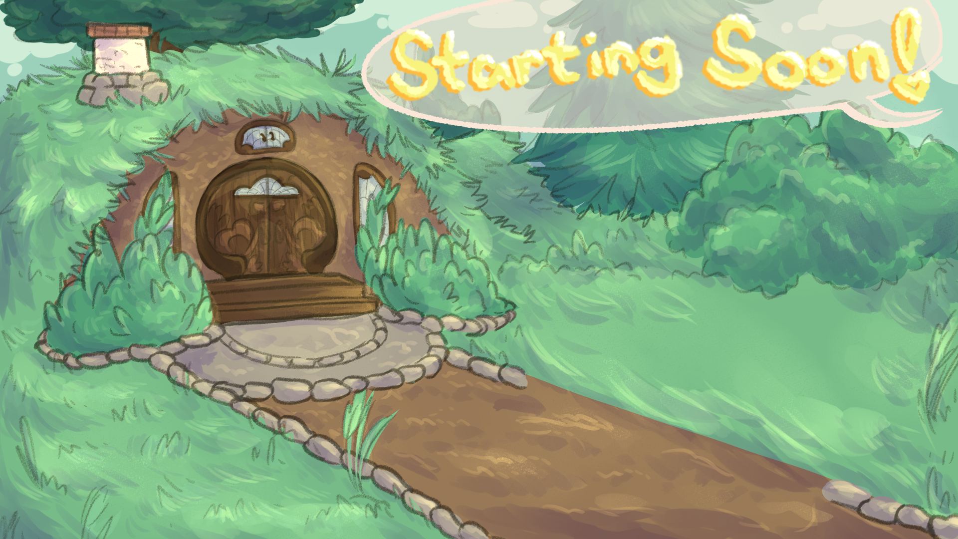 Hobbit hole like structure. Text reads 'Starting Soon!'