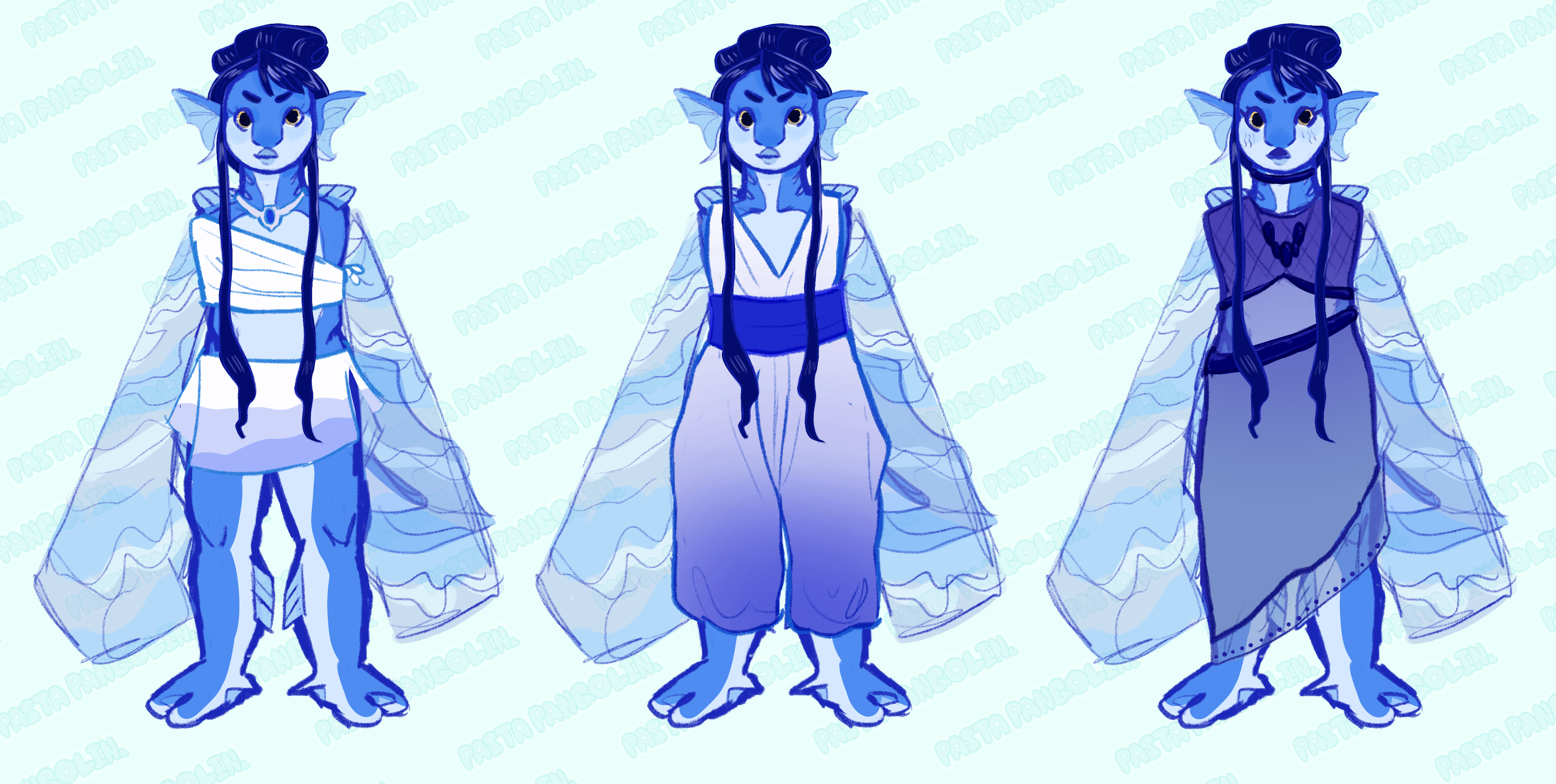 Three images of the same triton, a blue fish person, with arms made of water. Each image shows them wearing a different outfit, all using blue and white