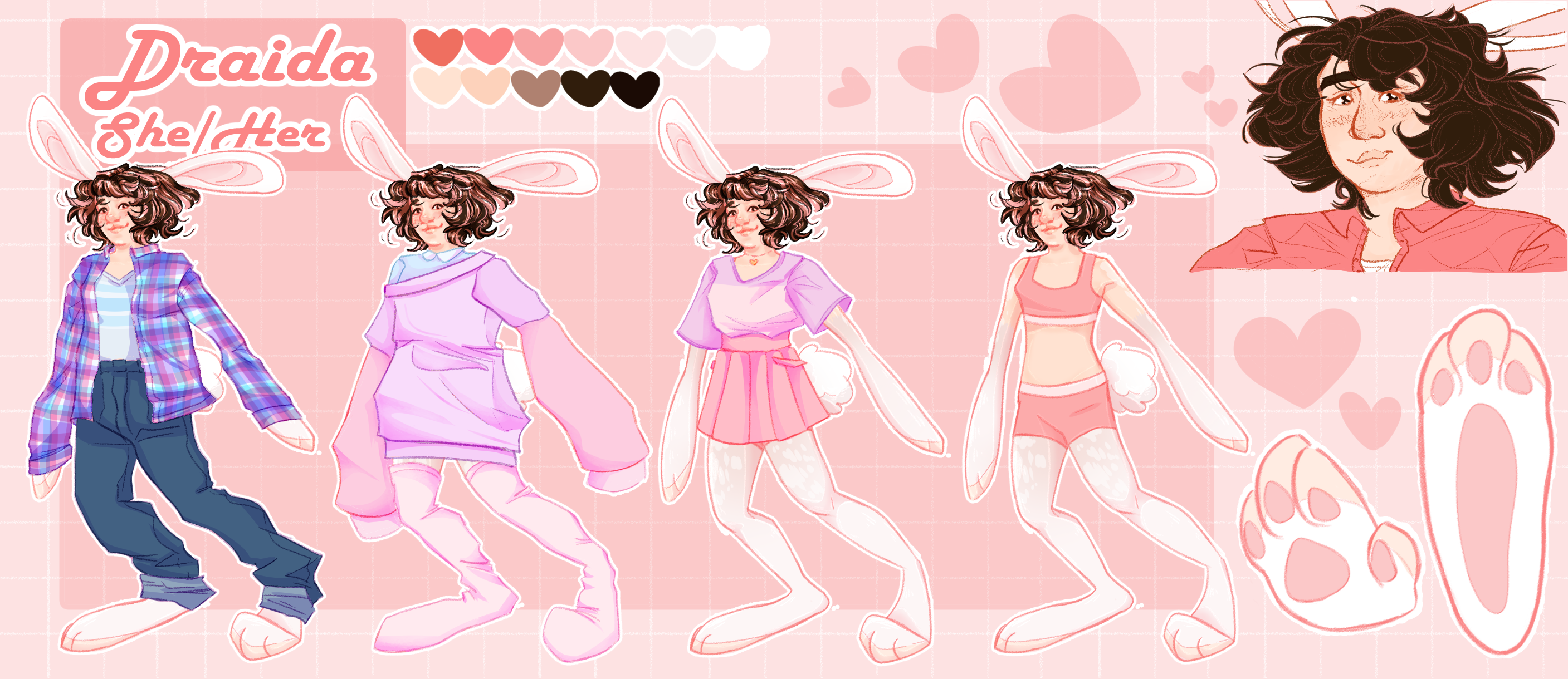 Reference sheet for a woman with rabbit ears and limbs. She has meduim length brown and pink hair and is shown wearing four different outfits. Text reads 'Driada She/Her