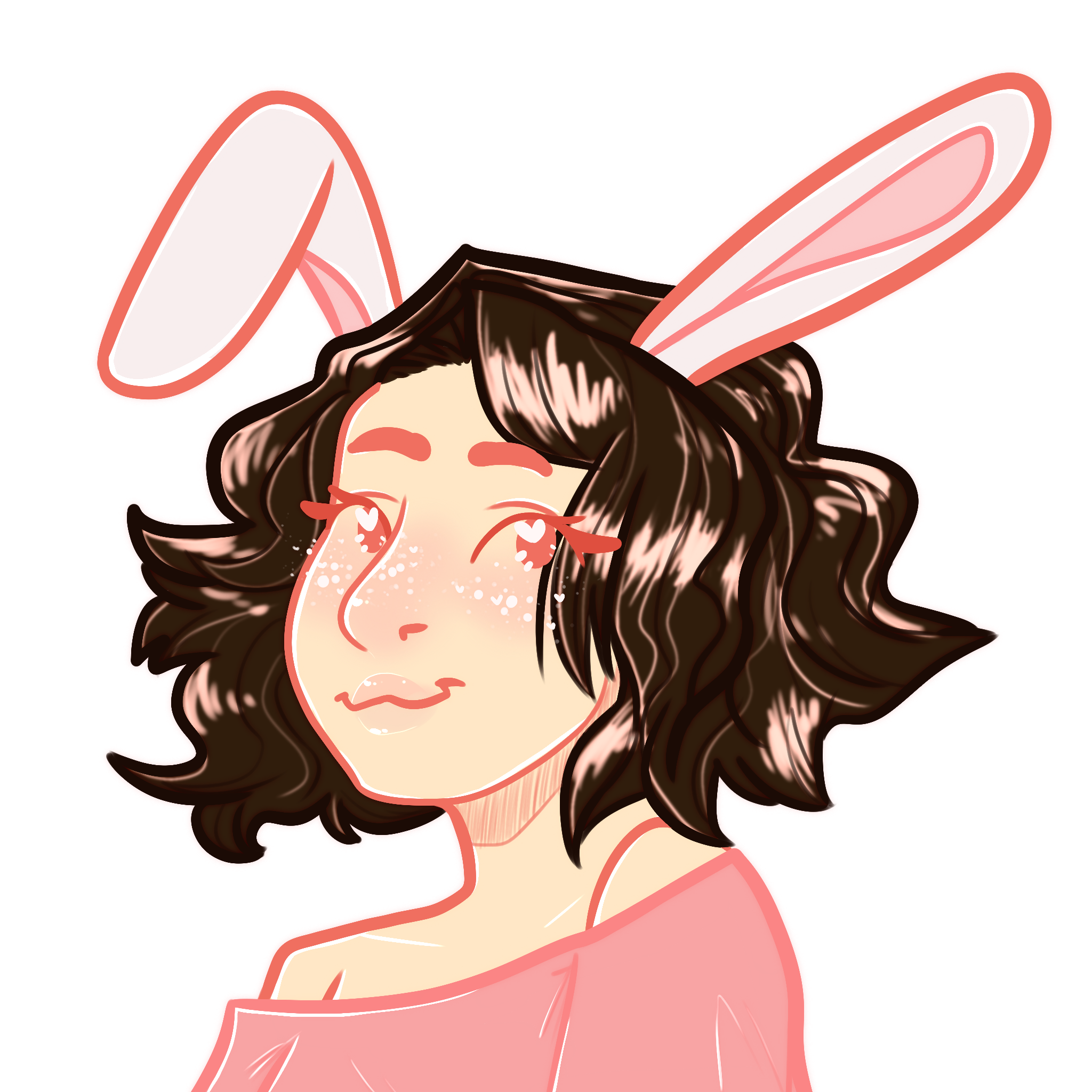 Woman with rabbit ears, medium length dark brown hair, and an off shoulder pink shirt