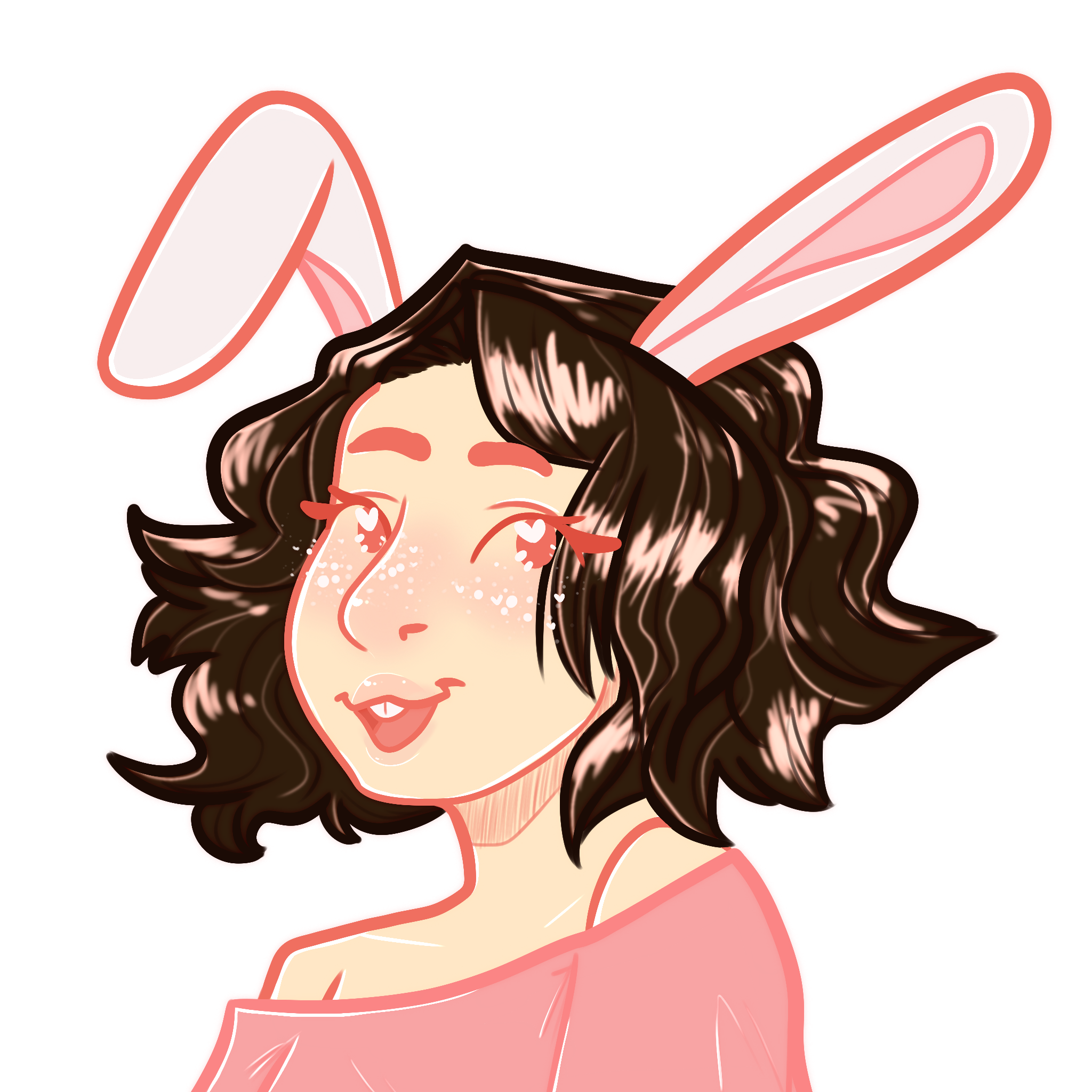 Woman with rabbit ears, medium length dark brown hair, and an off shoulder pink shirt