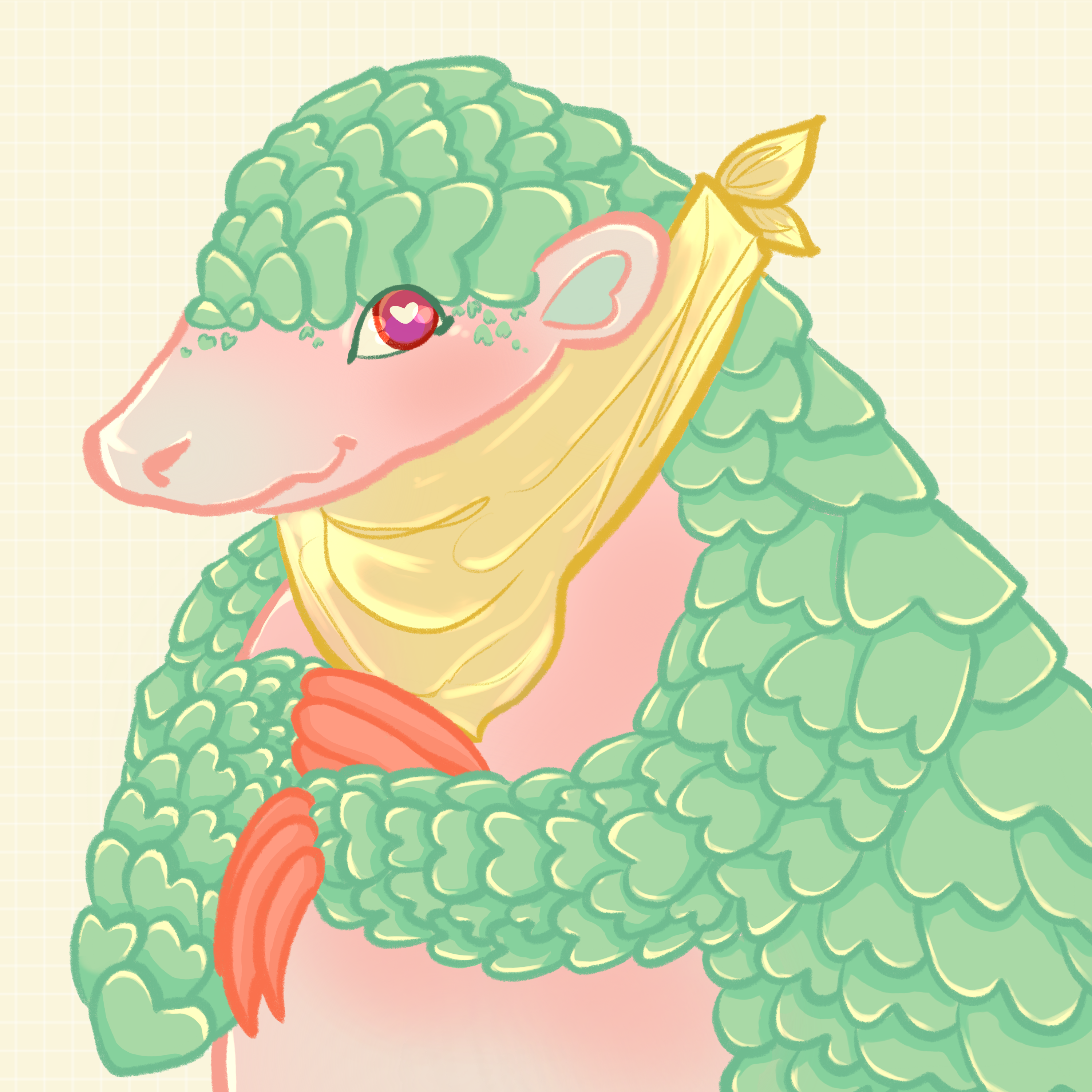 Pink and green pangolin with a yellow kercheif around its neck