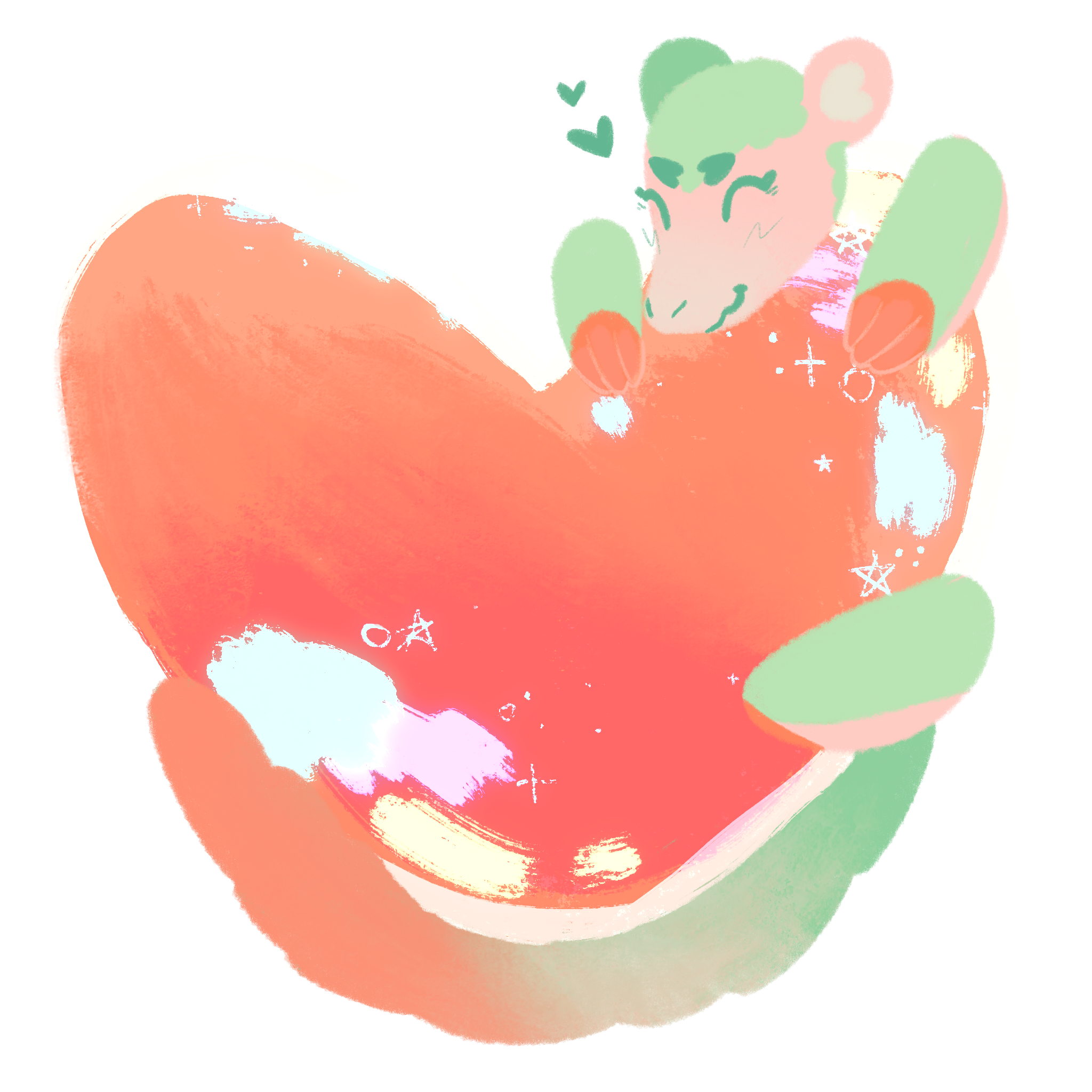 A lineless pangolin wrapped around a bright reddish pink heart