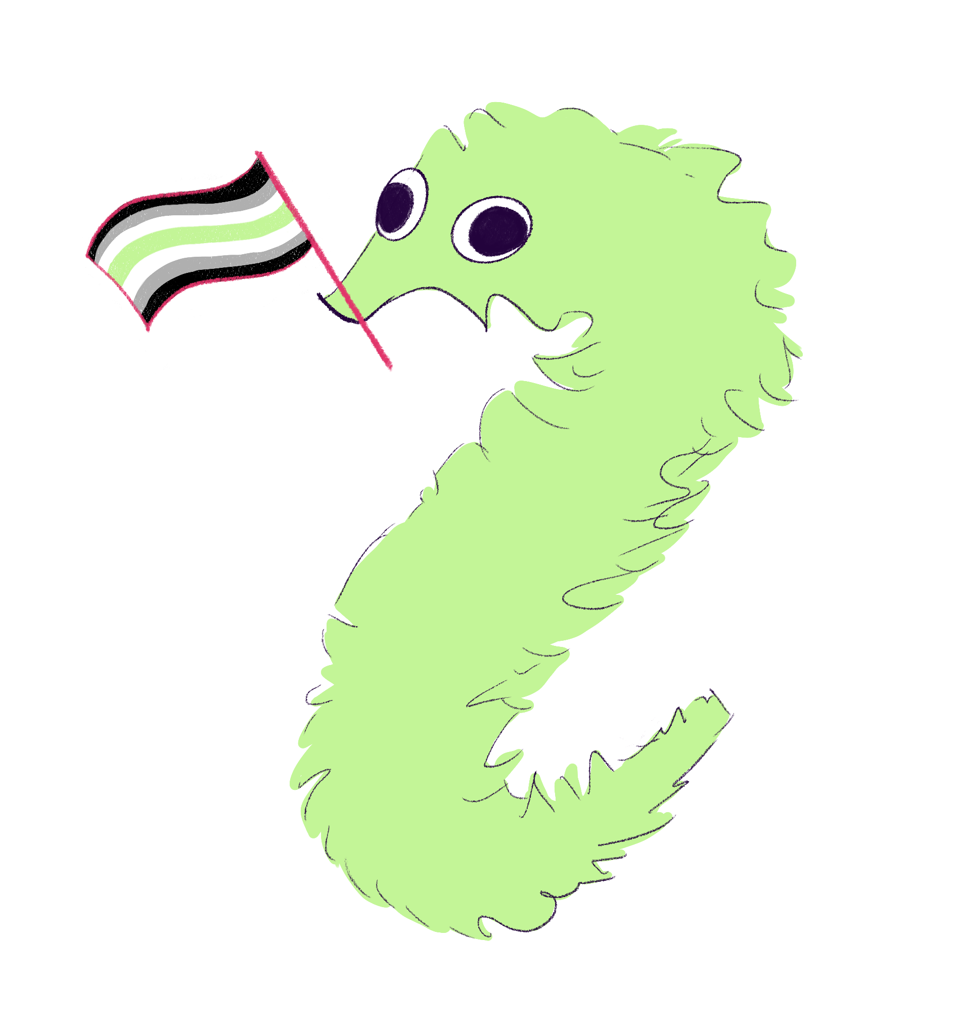 Green worm on a string with an agender pride flag in its mouth