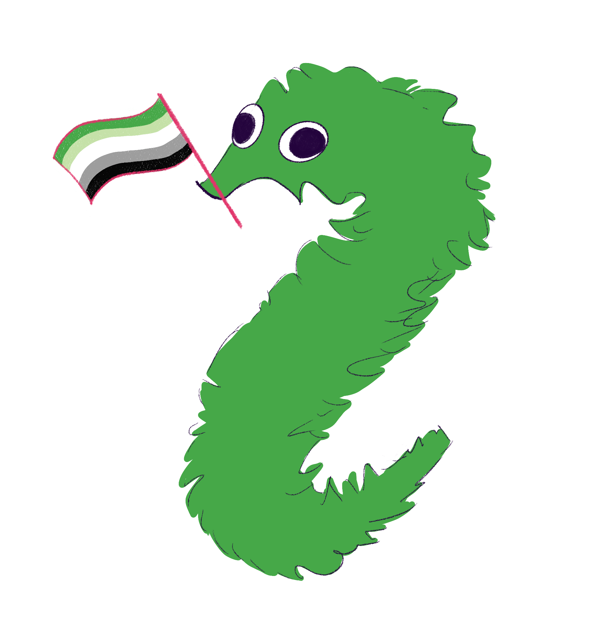 Green worm on a string with an aromantic pride flag in its mouth