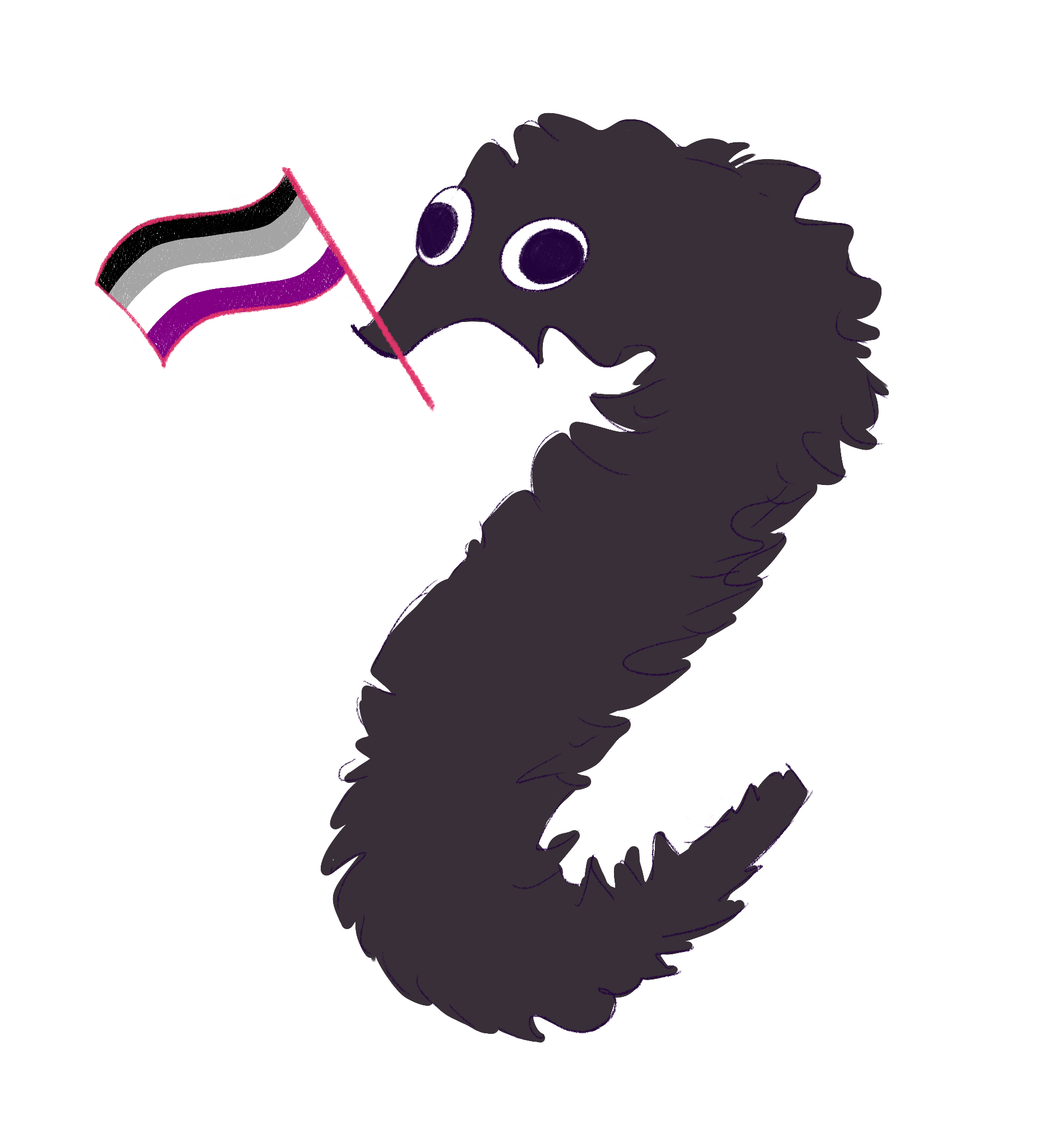 Black worm on a string with an asexual pride flag in its mouth