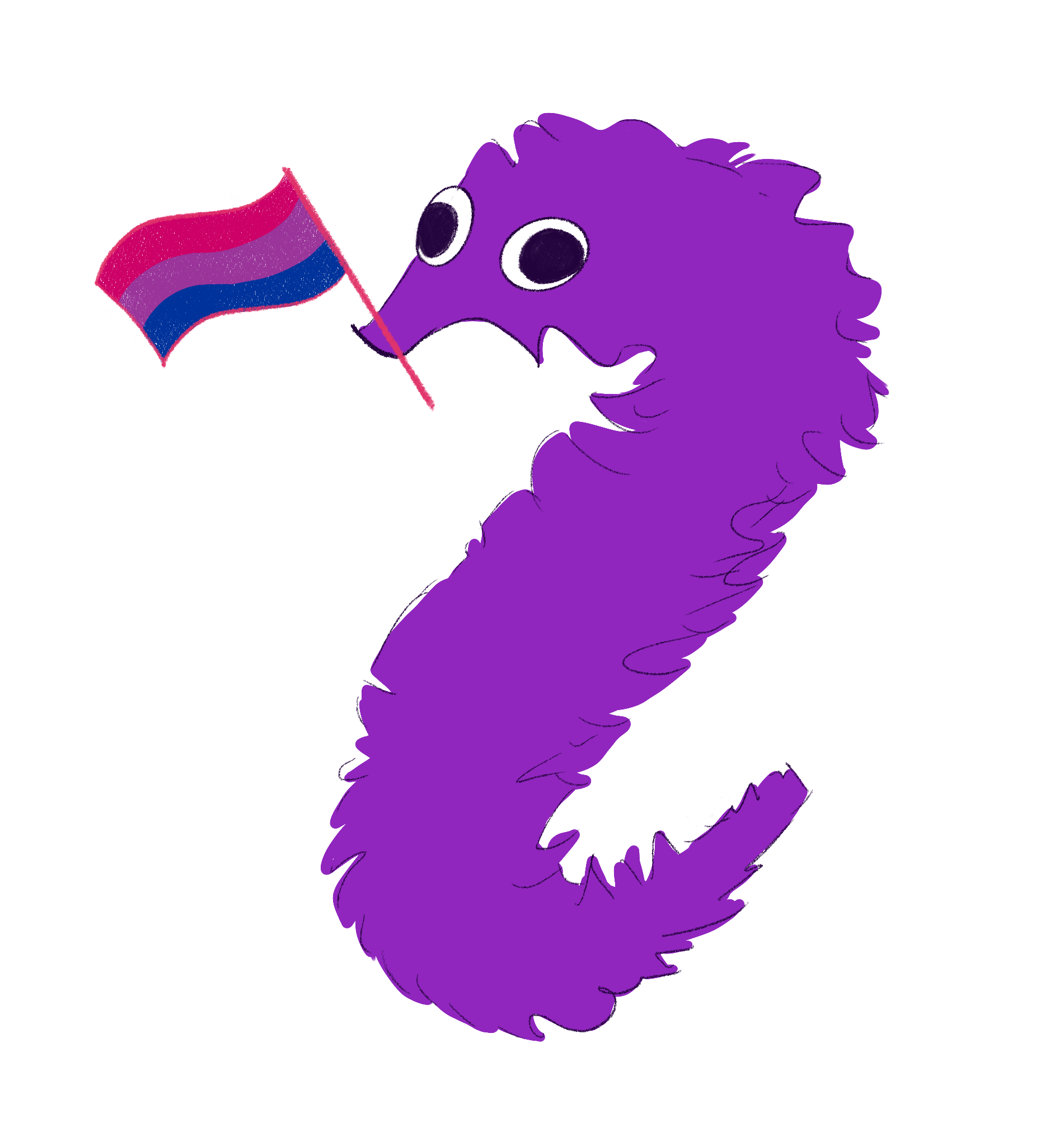 Purple worm on a string with a bisexual pride flag in its mouth
