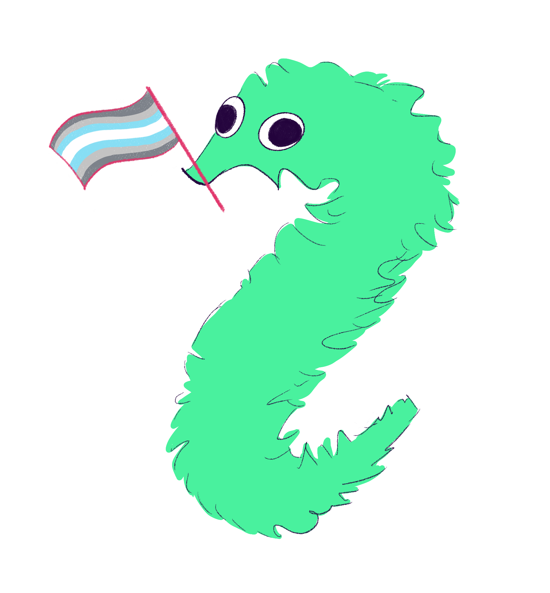 Teal worm on a string with a demiboy pride flag in its mouth