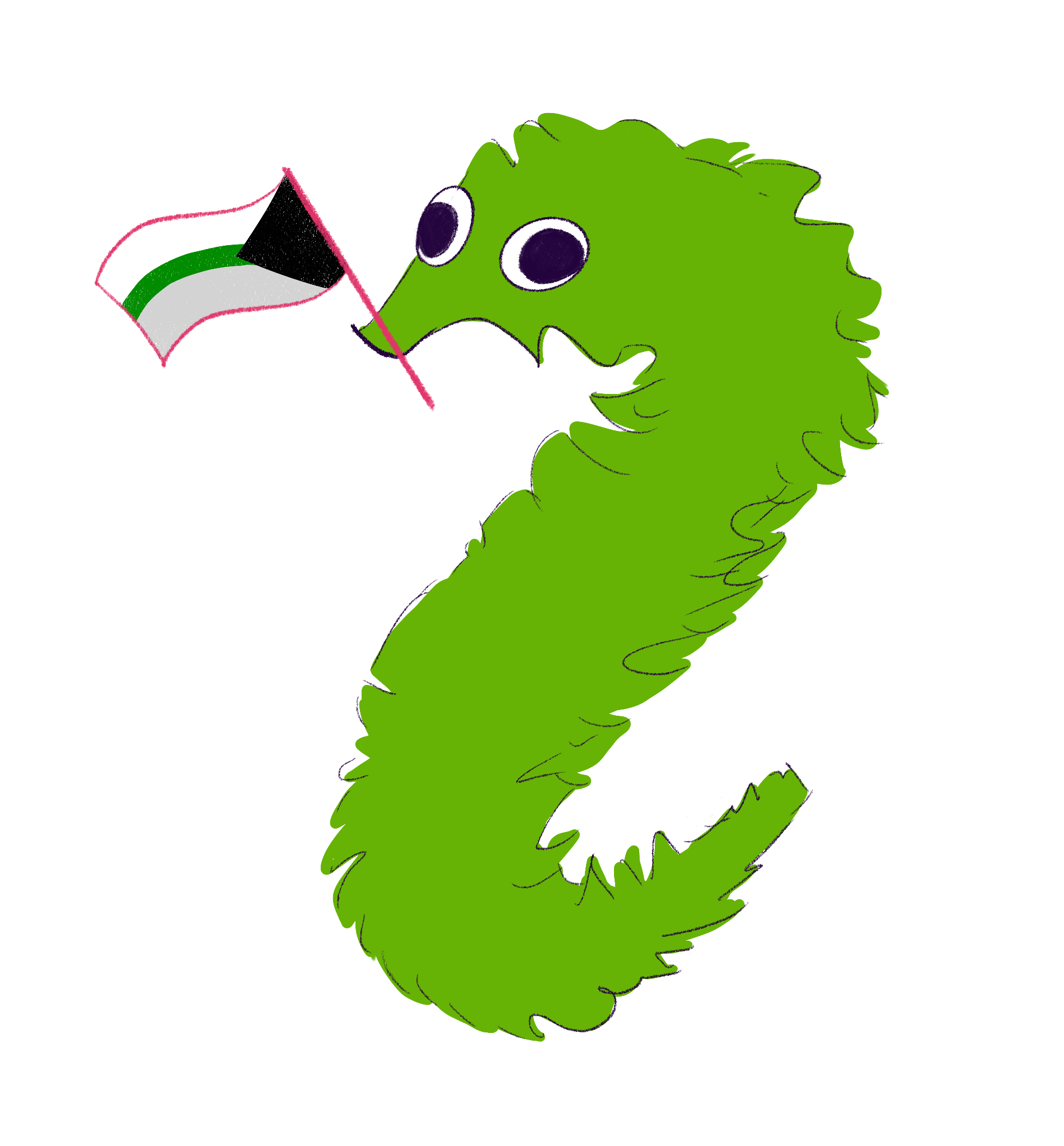 Green worm on a string with a demiromantic pride flag in its mouth