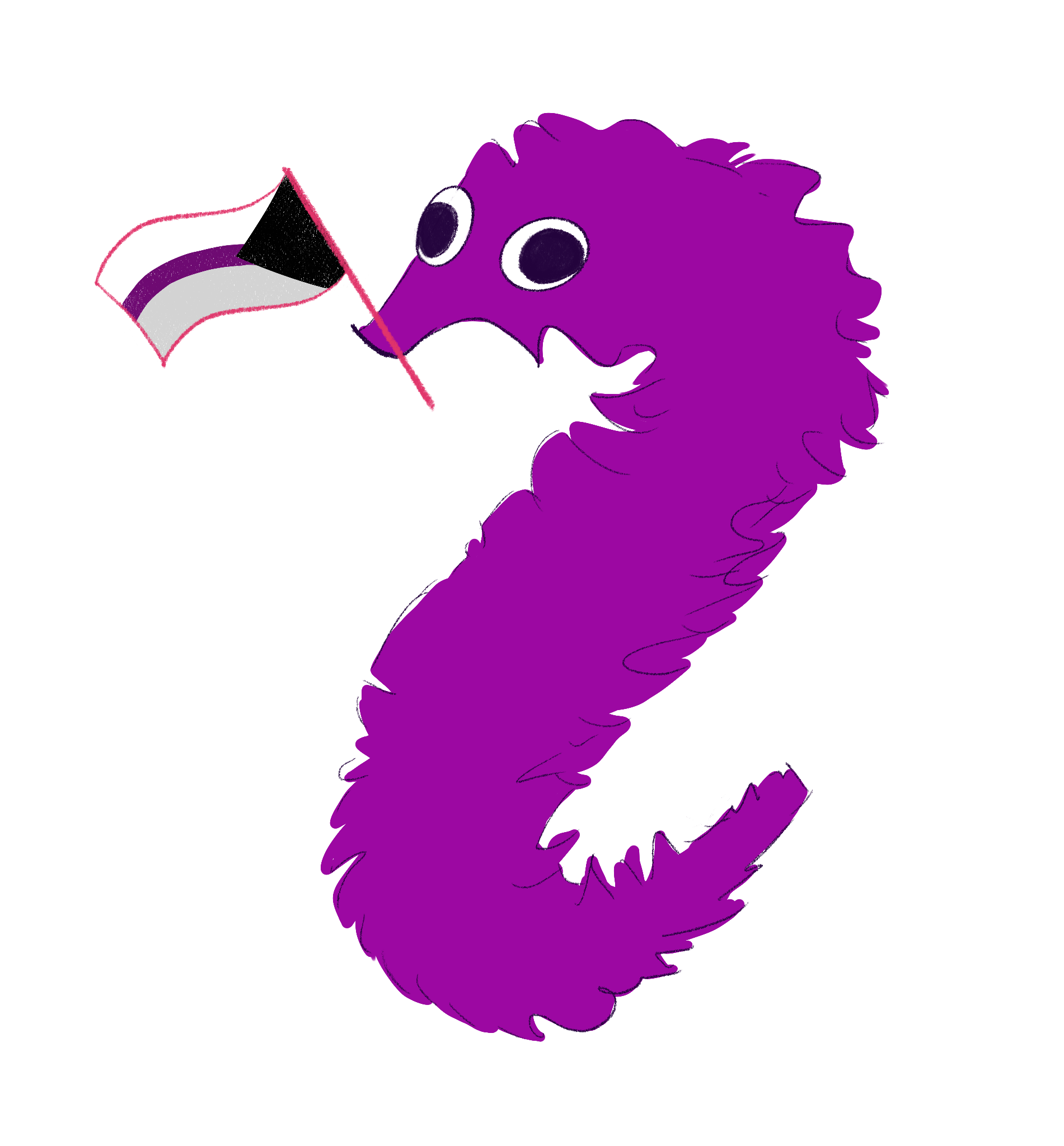 Purple worm on a string with a demisexual pride flag in its mouth
