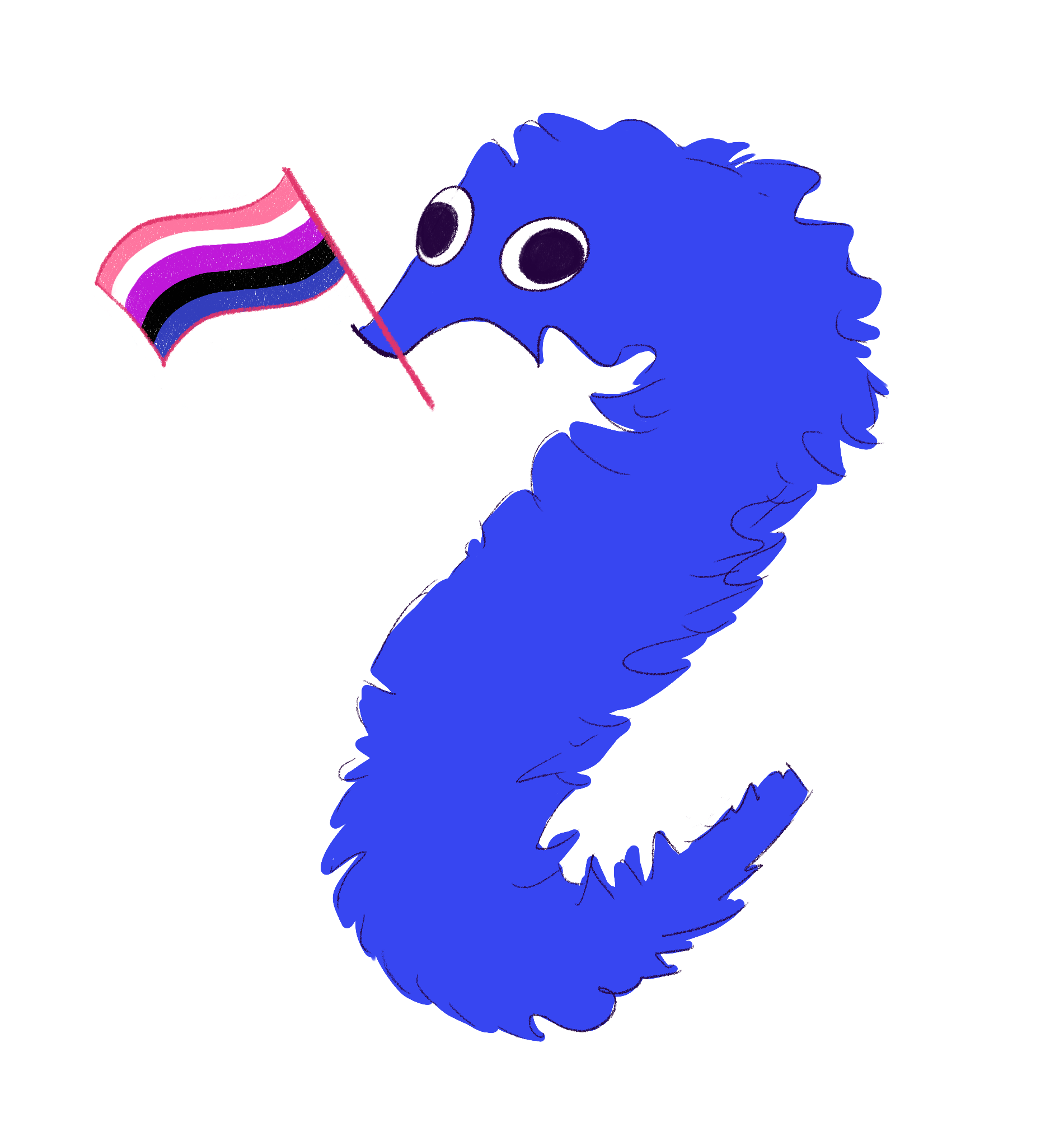 Blue worm on a string with a genderfluid pride flag in its mouth