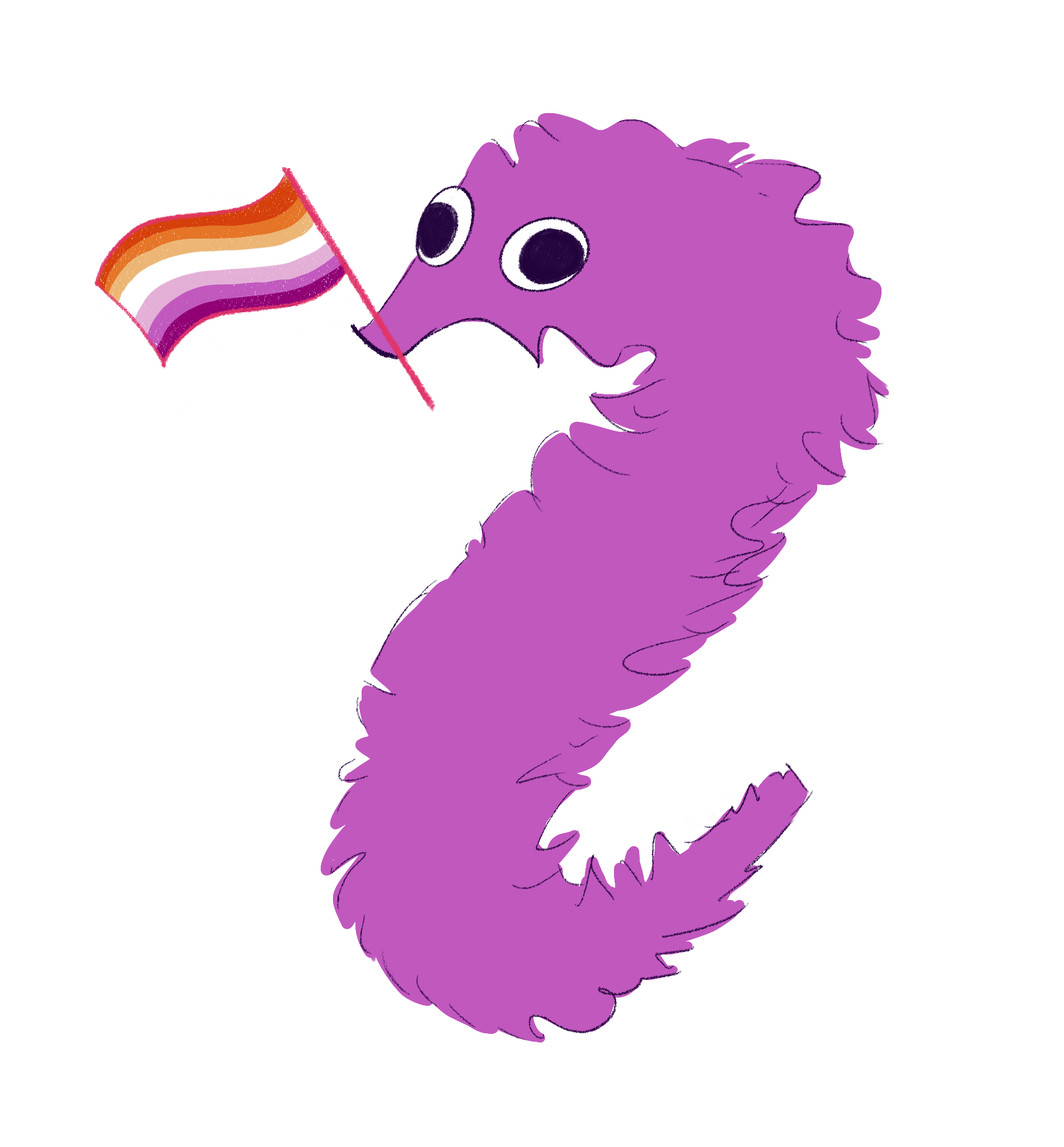 Goofy purple worm on a string with a lesbian pride flag in its mouth