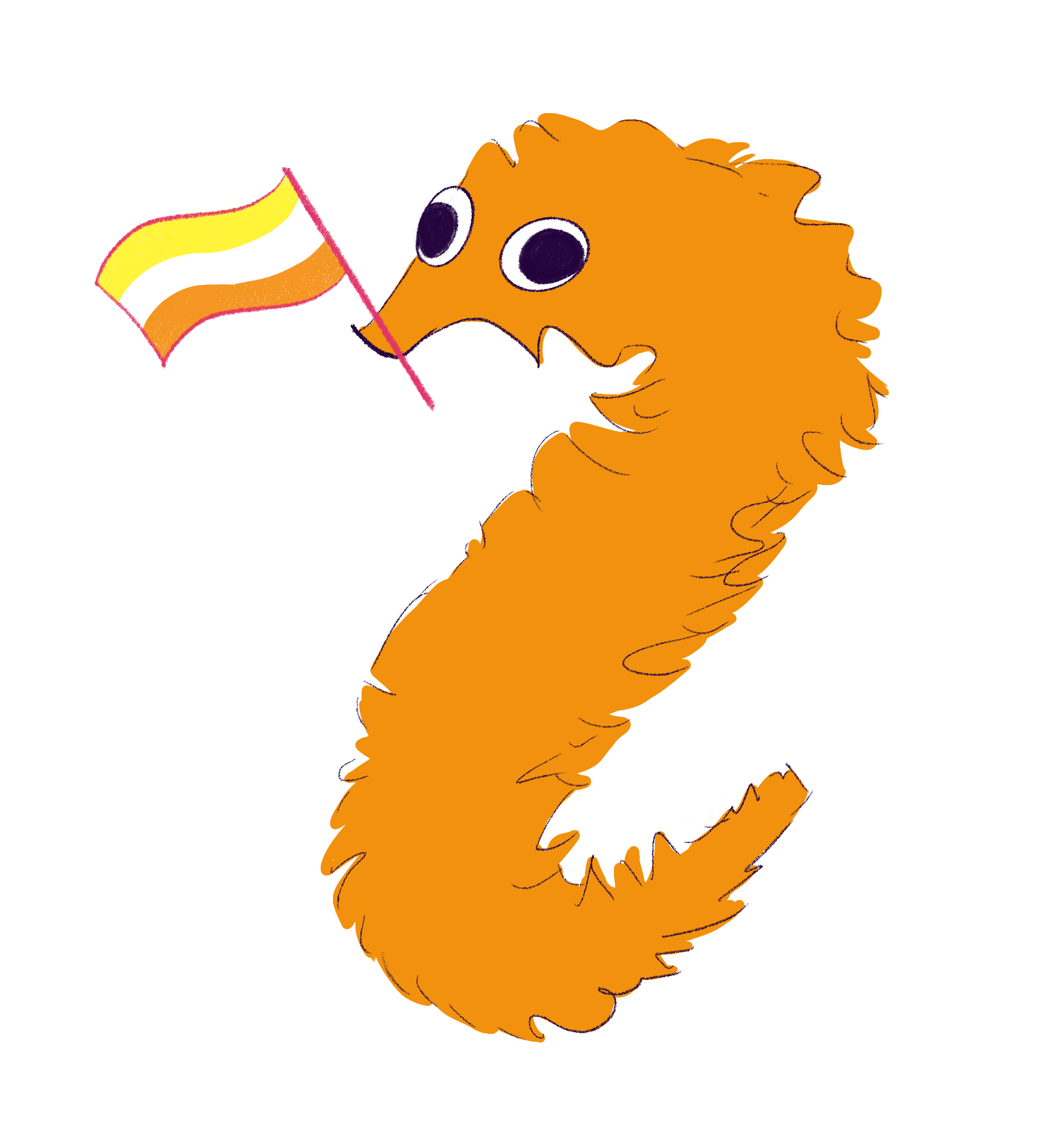 Orange worm on a string with a maverique pride flag in its mouth