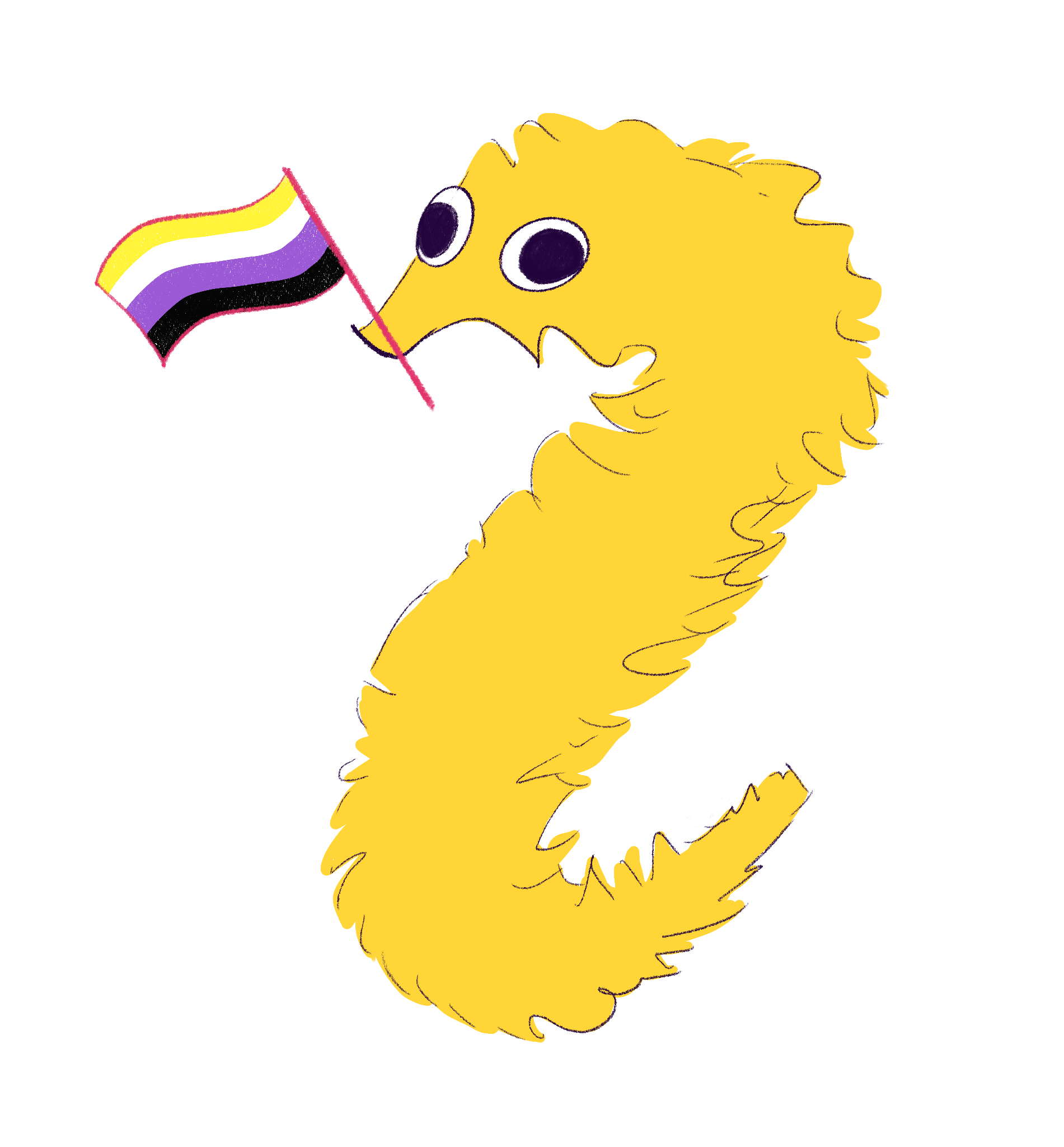 Yellow worm on a string with a nonbinary pride flag in its mouth
