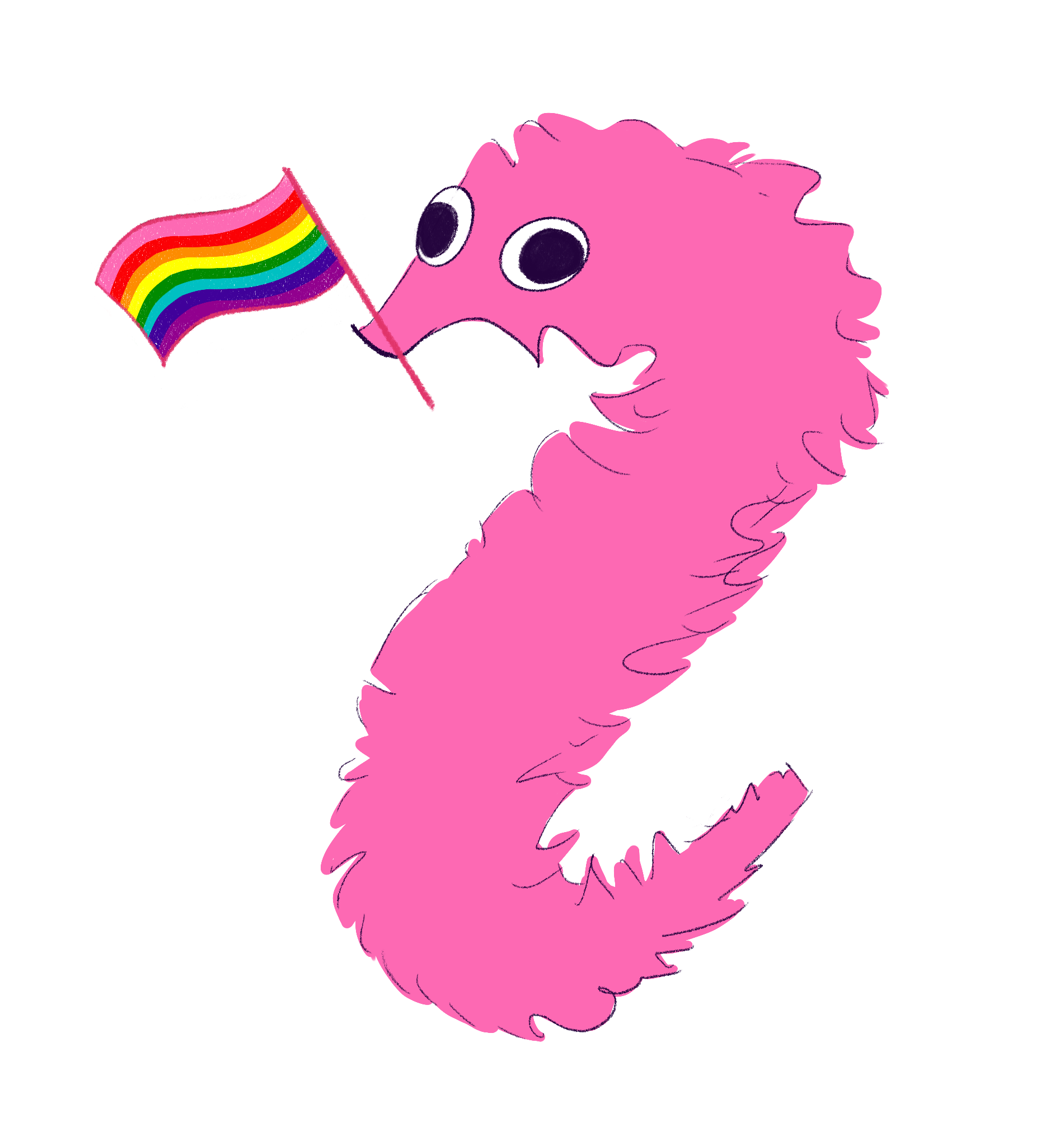 Pink worm on a string with a queer pride flag in its mouth
