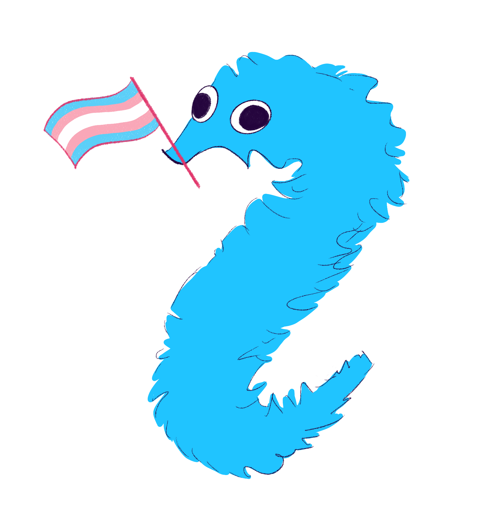 Blue worm on a string with a trans pride flag in its mouth